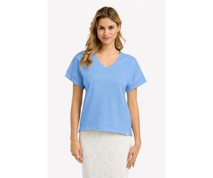 Sweater SMITH & SOUL, Damen, Gr. S, blau (jeans blau), Single Jersey, Material: 100% Baumwolle, unifarben, relaxed fit normal, V-Ausschnitt, eingesetzt, Sweatshirts Sweater, mit offenen Kanten (215157