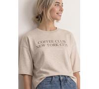 Sweater STREET ONE, Damen, Gr. 36, clay sand, Sweatware, Obermaterial: 65% Baumwolle, 35% Polyester, bedruckt, hüftbedeckend, Rundhals, abgesteppte Kante, Sweatshirts Sweater, Kurzarm-Sweater mit Word