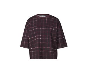 Sweater STREET ONE, Damen, Gr. 40, lila (rustic rouge), Sweatware, Obermaterial: 49% Polyester, 43% Viskose, 8% Elasthan, kariert, lässig geschnitten hüftbedeckend, Rundhals, abgesteppte Kante, Sweats