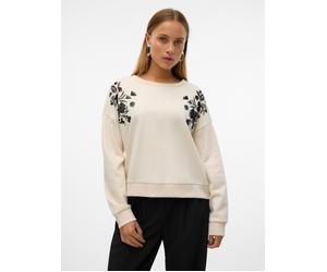 Sweater VERO MODA "VMHELEN TRINA LS SWEAT BOX JRS GA", Damen, Gr. M, birch detail:schwarz flock shoulder, Sweatware, Obermaterial: 60% Baumwolle, 40% Polyester, unifarben mit Farbeinsatz, loose fit no