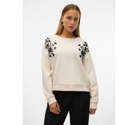 Sweater VERO MODA "VMHELEN TRINA LS SWEAT BOX JRS GA", Damen, Gr. S, birch detail:schwarz flock shoulder, Sweatware, Obermaterial: 60% Baumwolle, 40% Polyester, unifarben mit Farbeinsatz, loose fit no