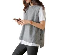 Sweater Vest,Damen Strickpullover Weste Lässig Einfarbig Seitenschlitzknöpfe Spleißen Rundhals Herbst Winter Lose Ärmellose Pullover Gilets Pullover Stricken Tank Top Cami Weste Bluse,Grau,M