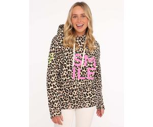 Sweater ZWILLINGSHERZ "Alissa LEO", Damen, Gr. SM (S/M), beige (hellbeige), Sweatware, Obermaterial: 50% Baumwolle, 50% Polyester, comfort fit hüftlang, V-Ausschnitt, Sweatshirts Sweater, mit SMILE Pr