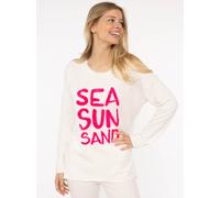 Sweater ZWILLINGSHERZ "Sea Sand Sun", Damen, Gr. L/XL, weiß, Web, Obermaterial: 70% Baumwolle, 30% Polyester, bedruckt, unifarben, hüftbedeckend, Rundhals, Sweatshirts Sweater, Flock-Print, ausgefrans