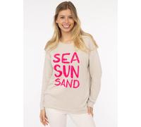 Sweater ZWILLINGSHERZ ""Sea Sand Sun"", Damen, Gr. S/M, beige, Web, Obermaterial: 70% Baumwolle, 30% Polyester, bedruckt, unifarben, hüftbedeckend, Rundhals, Sweatshirts Sweater, Flock-Print, ausgefra
