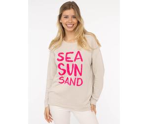 Sweater ZWILLINGSHERZ "Sea Sand Sun", Damen, Gr. S/M, beige, Web, Obermaterial: 70% Baumwolle, 30% Polyester, bedruckt, unifarben, hüftbedeckend, Rundhals, Sweatshirts Sweater, Flock-Print, ausgefrans