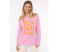 Sweater ZWILLINGSHERZ "Sea Sand Sun", Damen, Gr. S/M, rosa, Web, Obermaterial: 70% Baumwolle, 30% Polyester, bedruckt, unifarben, hüftbedeckend, Rundhals, Sweatshirts Sweater, Flock-Print, ausgefranst