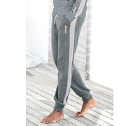 Sweathose BENCH. LOUNGEWEAR, Damen, Gr. 56/58, N-Gr, grau (stone, weiß), Jersey, Obermaterial: 60% Baumwolle, 40% Polyester, unifarben mit Farbeinsatz, bequem lang, Hosen Sweathose, mit Seitenstreifen