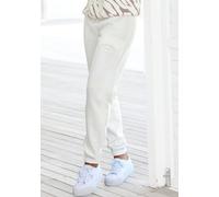 Sweathose LASCANA, Damen, Gr. 44/46, N-Gr, beige (creme), Sweatware, Obermaterial: 60% Baumwolle, 40% Polyester, unifarben, bestickt, casual, bequem lang, Hosen, Loungehose mit seitlichen Taschen und 