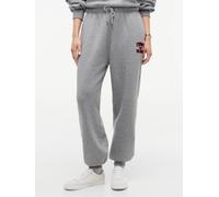 Sweathose TOMMY HILFIGER "VARSITY FLOCK CUFF MR SWTPANTS", Damen, Gr. XL (46), N-Gr, medium grau heather, Sweatware, Obermaterial: 63% Baumwolle, 37% Polyester, meliert, unifarben, knöchellang, Hosen