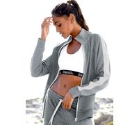 Sweatjacke BENCH. LOUNGEWEAR, Damen, Gr. 56/58, grau (stone, weiß), Jersey, Obermaterial: 60% Baumwolle, 40% Polyester, bedruckt, unifarben mit Farbeinsatz, bequem hüftbedeckend, ohne Ausschnitt, Ragl