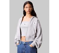 Sweatjacke CALVIN KLEIN JEANS "A- FRNCH TRRY BDG LG", Damen, Gr. L, bc06 grau heather, Sweatware, Obermaterial: 100% Baumwolle, oversize taillenbedeckt, Rundhals, Rippbündchen, Sweatjacken Sweatjacke,