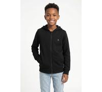 Sweatjacke CALVIN KLEIN JEANS "MINI BADGE ZIP-THROUGH", Mädchen, Gr. 4 (104), pvh schwarz, Sweatware, Obermaterial: 88% Baumwolle, 12% Polyester, unifarben, regular fit normal, Rundhals, eingesetzt Ri