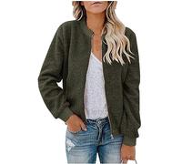 Sweatjacke Damen Ohne Kapuze Trachtenjacke Damen Regenjacke Mädchen Frauen Warm Einfarbig Teddy-Fleece Zipper Stehkragen Langarm Kurz Fliegerjacke Mit Tasche Kurzmantel Damen Winter (Armeegrün, Xl)