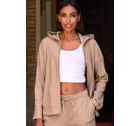 Sweatjacke FRENCH CONNECTION, Damen, Gr. 32/34, beige (sand), Rippware, Obermaterial: 81% Polyester, 15% Viskose, 4% Elasthan, meliert, casual, bequem hüftlang, Langarm normaler Saum, Sweatjacken, wei
