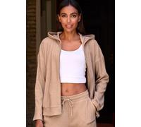 Sweatjacke FRENCH CONNECTION, Damen, Gr. 48/50, beige (sand), Rippware, Obermaterial: 81% Polyester, 15% Viskose, 4% Elasthan, meliert, casual, bequem hüftlang, Langarm normaler Saum, Sweatjacken, wei