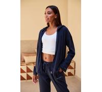 Sweatjacke FRENCH CONNECTION "- Loungejacke", Damen, Gr. 48/50, blau (dunkelblau), Rippware, Obermaterial: 81% Polyester, 15% Viskose, 4% Elasthan, meliert, unifarben, bequem hüftlang, ohne Ausschnitt