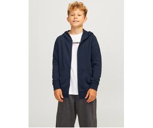 Sweatjacke JACK & JONES JUNIOR "JJEBRADLEY kombinierbar, mit Kapuze, pflegeleicht", Jungen, Gr. 140, blau (navy blazer), angeraute Sweatware, Obermaterial: 61% Polyester, 39% Baumwolle, unifarben, Bas