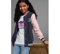 Sweatjacke KANGAROOS "College-Jacke", Mädchen, Gr. 128/134, blau (marine, rosa), angeraute Sweatware, Obermaterial: 100% Baumwolle, bedruckt, Basic hüftlang, Bündchen, Sweatjacken Sweatjacke, mit Krag