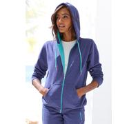 Sweatjacke KANGAROOS, Damen, Gr. 40/42, blau, Single Jersey, Obermaterial: 60% Baumwolle, 40% Polyester, meliert, bedruckt, kontrastfarbene Details, sportlich, bequem hüftbedeckend, Langarm Rippbündch