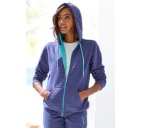 Sweatjacke KANGAROOS, Damen, Gr. 44/46, blau, Single Jersey, Obermaterial: 60% Baumwolle, 40% Polyester, meliert, bedruckt, kontrastfarbene Details, sportlich, bequem hüftbedeckend, Langarm Rippbündch