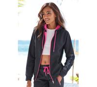 Sweatjacke KANGAROOS, Damen, Gr. 48/50, schwarz, Single Jersey, Obermaterial: 60% Baumwolle, 40% Polyester, unifarben mit Farbeinsätzen, bedruckt, kontrastfarbene Details, sportlich, bequem hüftbedeck