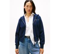 Sweatjacke TOMMY HILFIGER "SCRIPT REG PIQUE ZIP-UP HOODIE", Damen, Gr. L (40), blau (schwarz night navy), Sweatware, Obermaterial: 85% Baumwolle, 15% Polyamid, unifarben, casual, regular fit, Langarm,