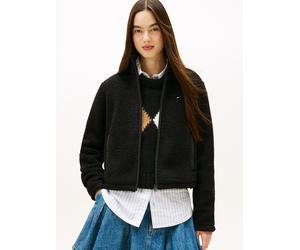 Sweatjacke TOMMY JEANS "TJW REG SH S-FLAG TEDDY ZIP THRU", Damen, Gr. M (38), schwarz, Plüsch, Obermaterial: 100% Polyester, unifarben, regular fit normal, Rundhals, Sweatjacken Sweatjacke, Kunstfaser