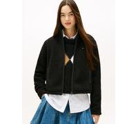 Sweatjacke TOMMY JEANS "TJW REG SH S-FLAG TEDDY ZIP THRU", Damen, Gr. XL (42), schwarz, Plüsch, Obermaterial: 100% Polyester, unifarben, regular fit normal, Rundhals, Sweatjacken Sweatjacke, Kunstfase