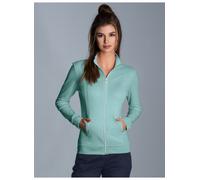 Sweatjacke TRIGEMA "TRIGEMA Jacke veredelt mit Kristallsteinen", Damen, Gr. 3XL, blau (gletscher), 95% Baumwolle, 5% Elasthan, Sweatjacken Sweatjacke (36403106-XXXL) gletscher