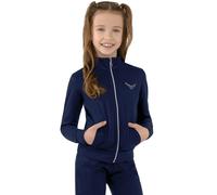 Sweatjacke TRIGEMA "TRIGEMA Jacke veredelt mit Kristallsteinen", Mädchen, Gr. 128, blau (navy), Single Jersey, 95% Baumwolle, 5% Elastan, lang, ohne Ausschnitt, Sweatjacken Sweatjacke (84450653-128) n