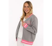 Sweatjacke ZWILLINGSHERZ "College", Damen, Gr. S/M, mittelgrau, Sweatware, Obermaterial: 50% Baumwolle, 50% Polyester, Sweatjacken Sweatjacke, Reißverschluss, gestreiften Rippbündchen, Eingriffstasche