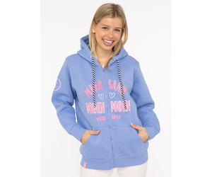 Sweatjacke ZWILLINGSHERZ "Moin Moin", Damen, Gr. L/XL, mittelblau, angeraute Sweatware, Obermaterial: 50% Baumwolle, 50% Polyester, hüftbedeckend, ohne Ausschnitt, angesetztes Bündchen, Sweatjacken Sw