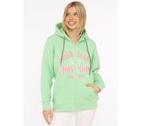Sweatjacke ZWILLINGSHERZ "Moin Moin", Damen, Gr. L/XL, neongrün, angeraute Sweatware, Obermaterial: 50% Baumwolle, 50% Polyester, hüftbedeckend, ohne Ausschnitt, angesetztes Bündchen, Sweatjacken Swea