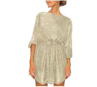 Sweatkleid Damen Kleid Silvester Damen Festliches Kleid Damen Hochzeit Pailletten Laternenärmel Kurz Kleid mit Gürtel Hohe Taille Rundhals Minikleid Elegant A-Linie Kleid (Gold,M)