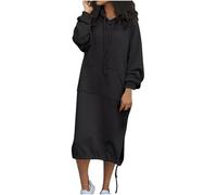 Sweatkleid Damen Lang Mit Kapuze Pullover Damen Wadenlang Elegant mit Schlitz Hoodie Kleid Damen Frühling Herbst Pulloverkleid Langarm Einfarbig Kapuzenpullover Mit Tasche Locker Winterkleid