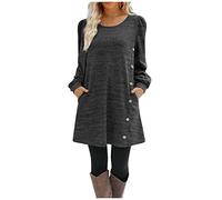 Sweatkleid Damen Strandkleid Damen Gothic Kleid Rundhals Einfarbig Kleider Mit Knöpfen Langarm Kurz Freizeitkleid Mit Taschen Abendkleid Warm Minikleid Herbst Winter Dunkelgrau L