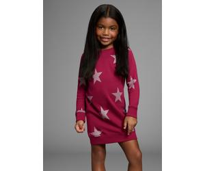 Sweatkleid KIDSWORLD "Sterne-Allover Kleid für kleine Mädchen", Mädchen, Gr. 104/110, N-Gr, rot (bordeaux), angeraute Sweatware, Obermaterial: 100% Baumwolle, Glitzermuster, gemustert, Basic ca. Mitte