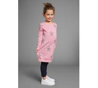 Sweatkleid KIDSWORLD "Sterne-Allover Kleid für kleine Mädchen", Mädchen, Gr. 140/146, N-Gr, rosa, angeraute Sweatware, Obermaterial: 100% Baumwolle, Glitzermuster, gemustert, Basic ca. Mitte Oberschen