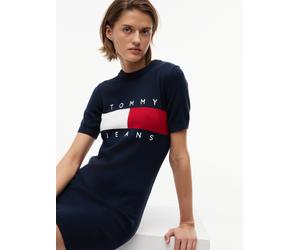 Sweatkleid TOMMY JEANS "TJW FLAG SS SWEATER DRESS", Damen, Gr. M (40), N-Gr, blau (schwarz night navy), Jersey, Obermaterial: 100% Baumwolle, bedruckt, kurz, Rundhals, Kleider Sweatkleid, Baumwolle (6