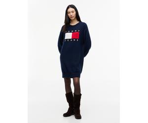 Sweatkleid TOMMY JEANS "TJW SWEATER FLAG DRESS EXT", Damen, Gr. XS (34), N-Gr, dunkelblau, Sweatware, Obermaterial: 90% Baumwolle, 10% Wolle, bedruckt, Rundhals, Bündchen, Kleider Sweatkleid, Baumwoll