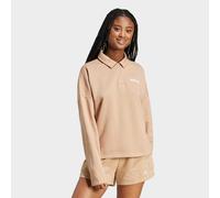 Sweatshirt ADIDAS SPORTSWEAR "ESSENTIALS LINEAR FLEECE MIT POLOKRAGEN", Damen, Gr. L, weiß (warm sandstone, weiß), Obermaterial: 55% Baumwolle, 36% Polyester, 9% Viskose, angesetztes Bündchen, Sweatsh
