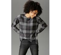 Sweatshirt ANISTON CASUAL, Damen, Gr. 42, schwarz (schwarz, wollweiß, hellbraun), Feinstrick, Obermaterial: 95% Polyester, 5% Elasthan, kariert, figurumspielend Po-bedeckend, Rundhals, Sweatshirts Swe