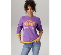 Sweatshirt ANISTON CASUAL, Damen, Gr. 44, bunt (lila, orange, limette), angeraute Sweatware, Obermaterial: 100% Baumwolle, bedruckt, gestreift, lässig geschnitten hüftbedeckend, Rundhals, Rippstrickbü