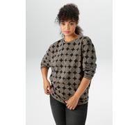 Sweatshirt ANISTON PLUS, Damen, Gr. 48, beige (beige, schwarz), Single Jersey, Obermaterial: 95% Baumwolle, 5% Elasthan, bedruckt, figurumspielend Po-bedeckend, Rundhals, Rippbündchen, Sweatshirts Swe