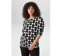 Sweatshirt ANISTON PLUS, Damen, Gr. 52, schwarz-weiß (schwarz, weiß), Single Jersey, Obermaterial: 95% Baumwolle, 5% Elasthan, bedruckt, figurumspielend Po-bedeckend, Rundhals, Rippbündchen, Sweatshir