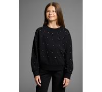 Sweatshirt BRUNO BANANI "Kurzgeschnittenes Sweatshirt mit Strass-Steinen", Mädchen, Gr. 128/134, schwarz, angeraute Sweatware, Obermaterial: 100% Baumwolle, Glitzermuster, Basic hüftlang, Rundhals, Ri