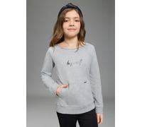 Sweatshirt BRUNO BANANI "Banani Sweatshirt mit Folienprint", Mädchen, Gr. 176/182, graumeliert, Sweatware, Obermaterial: 90% Baumwolle, 10% Viskose, bedruckt, Basic, U-Boot-Ausschnitt, abgestepptes Bü