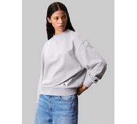 Sweatshirt CALVIN KLEIN JEANS "A- LS BADGE LOGO TERRY CREW NK", Damen, Gr. XXS (34), grau (heroic grau heather), Sweatware, Obermaterial: 100% Baumwolle, meliert, normal, Rundhals, eingesetzt Rippbünd