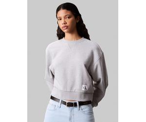 Sweatshirt CALVIN KLEIN JEANS "FRENCH TERRY WOVEN LABEL CREW", Damen, Gr. L, bc06 grau heather, Sweatware, Obermaterial: 100% Baumwolle, meliert, regular fit kurz, Rundhals, eingesetzt Rippbündchen, S